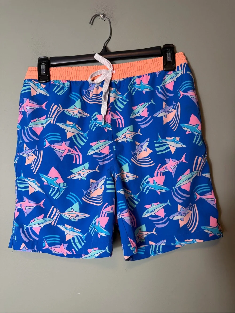 chubbies Kids Blue Shark Swim Trunks with Coral Waistband large 14/16
